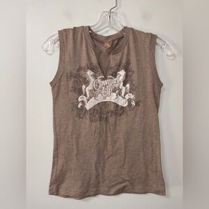 Cowgirl Up Brown Tank Festival Western Horses Rodeo Split V Neck Y2K Vibes S